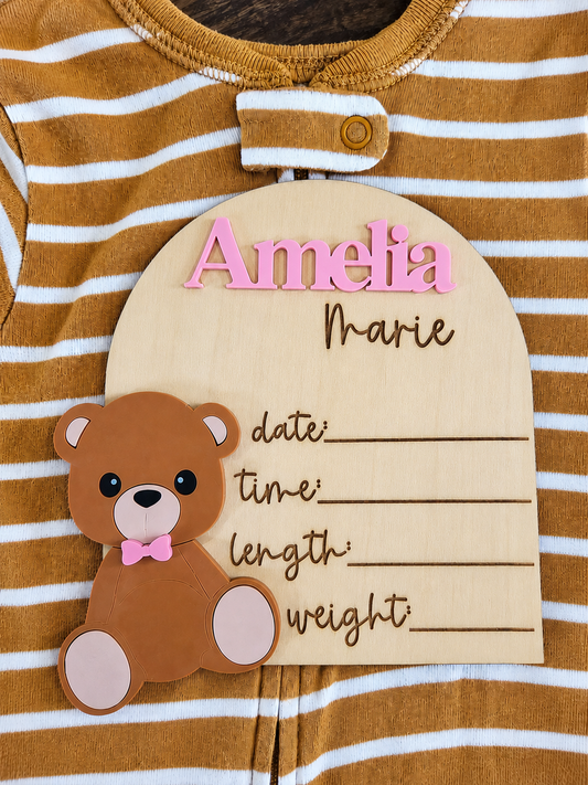 Personalized Teddy Bear Birth Stats Plaque – Custom Baby Name & Birth Announcement Sign