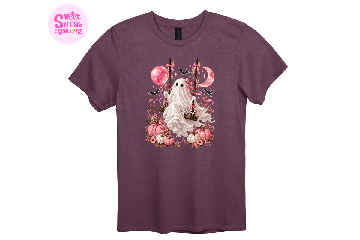Cute Floral Ghost Swing T-Shirt | Girly Halloween Pumpkin Graphic Tee