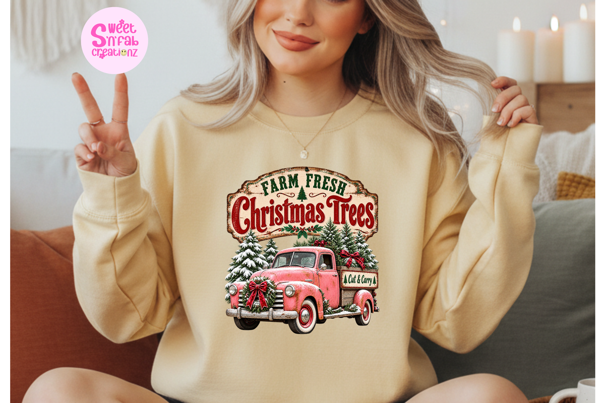 Farm Fresh Christmas Trees Sweatshirt | Vintage Pink Truck Holiday Graphic Crewneck