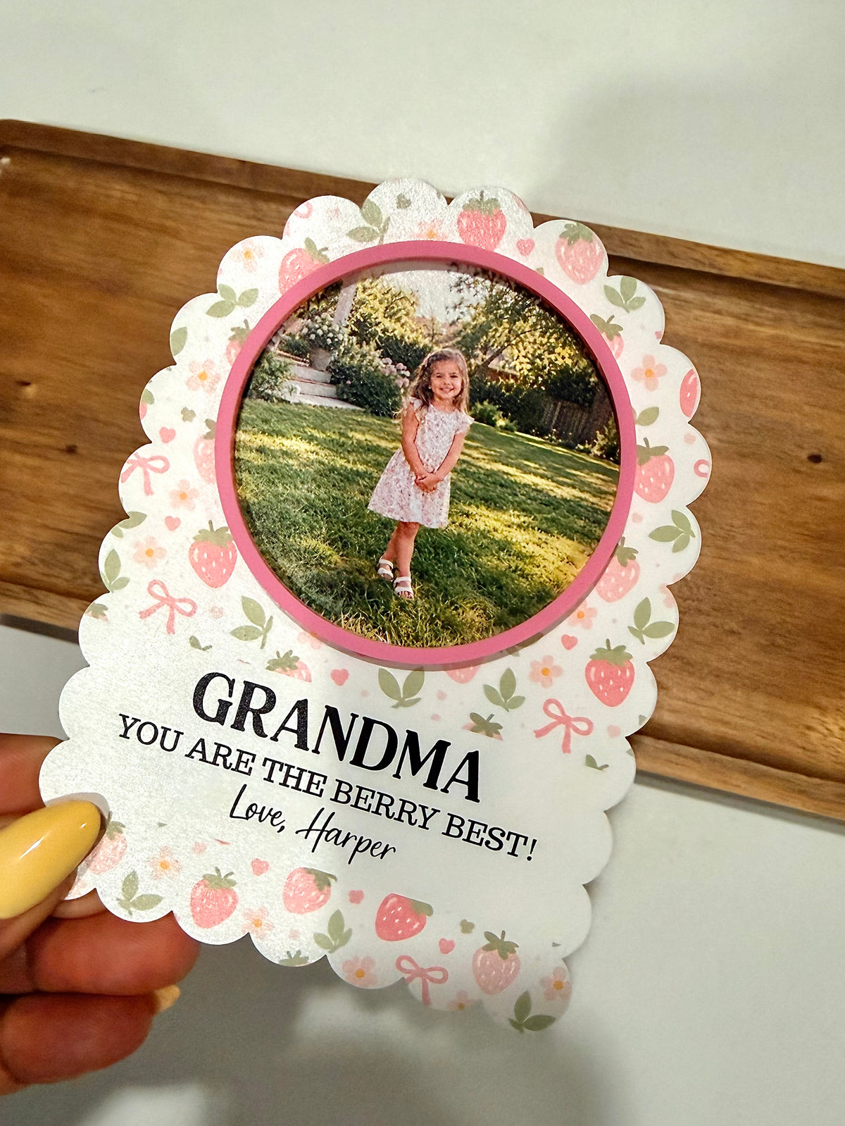 Personalized Strawberry Garden Photo Fridge Magnet | Scalloped Acrylic Keepsake