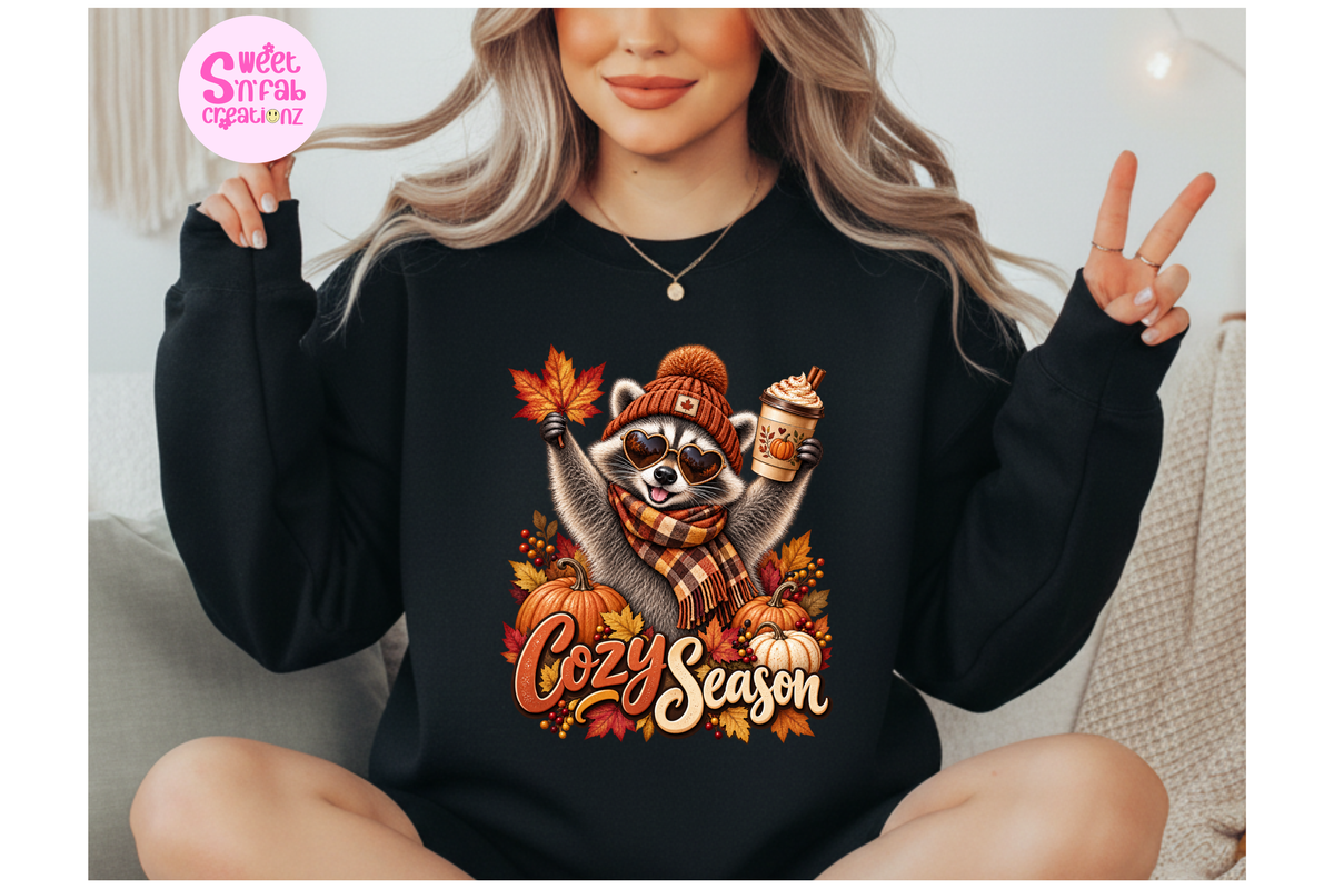Cozy Season Raccoon Sweatshirt | Cute Fall Pumpkin Spice Graphic Sweatshirt
