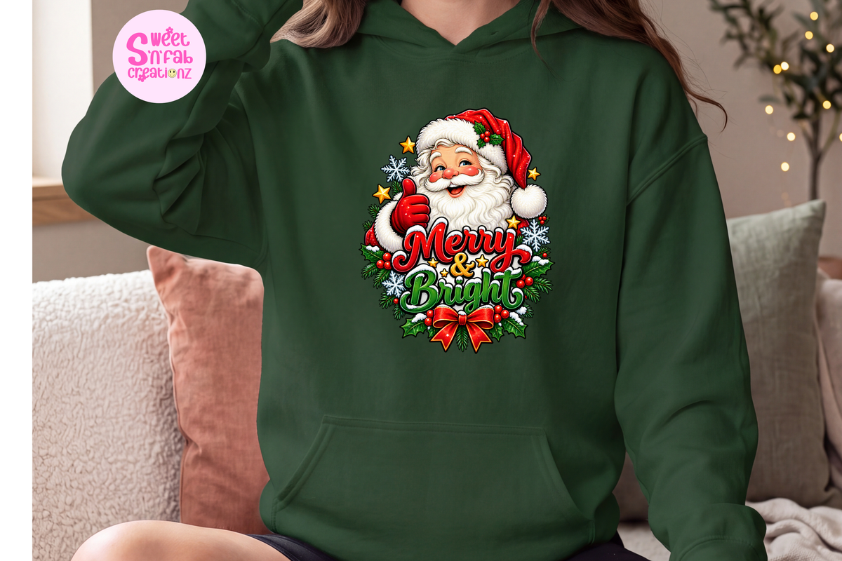 Merry & Bright Santa Christmas Hoodie | Festive Holiday Graphic Pullover