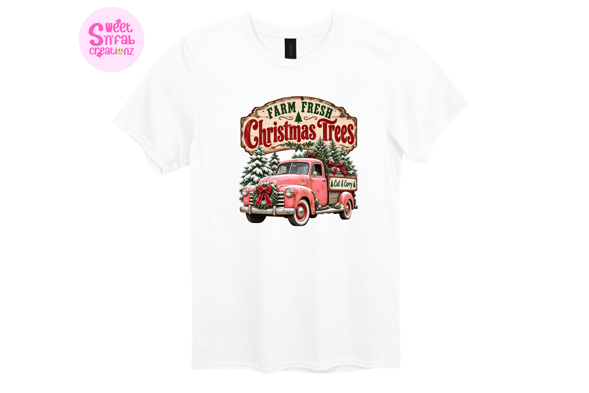 Farm Fresh Christmas Trees T-Shirt | Vintage Pink Truck Holiday Graphic Tee