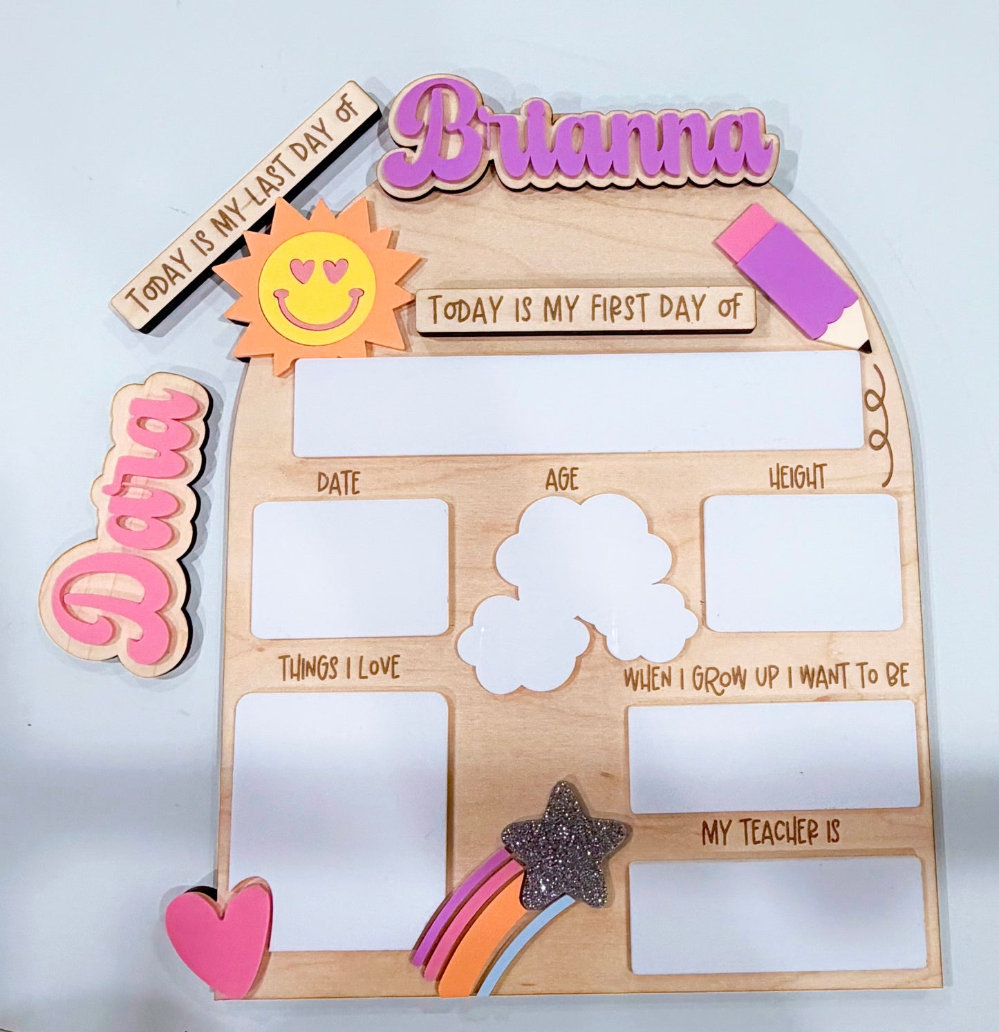 Personalized First Day of School Sign, Smiley Sun Pencil Milestone Board, Custom Name First & Last Day School Photo Prop, Maple Sign