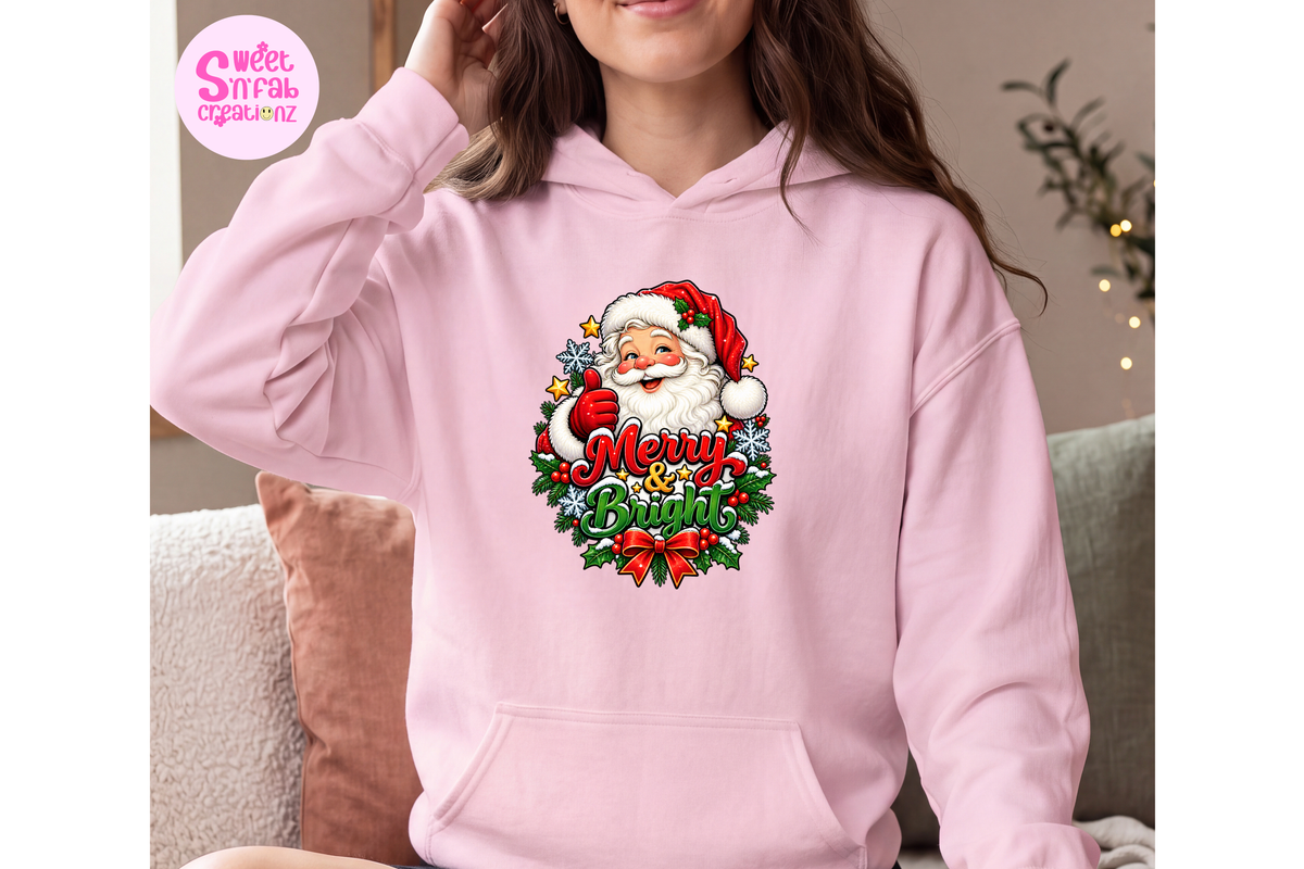 Merry & Bright Santa Christmas Hoodie | Festive Holiday Graphic Pullover