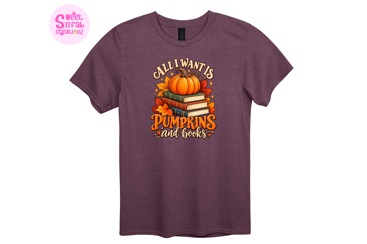 All I Want Is Pumpkins and Books T-Shirt | Cozy Fall Book Lover Graphic Tee