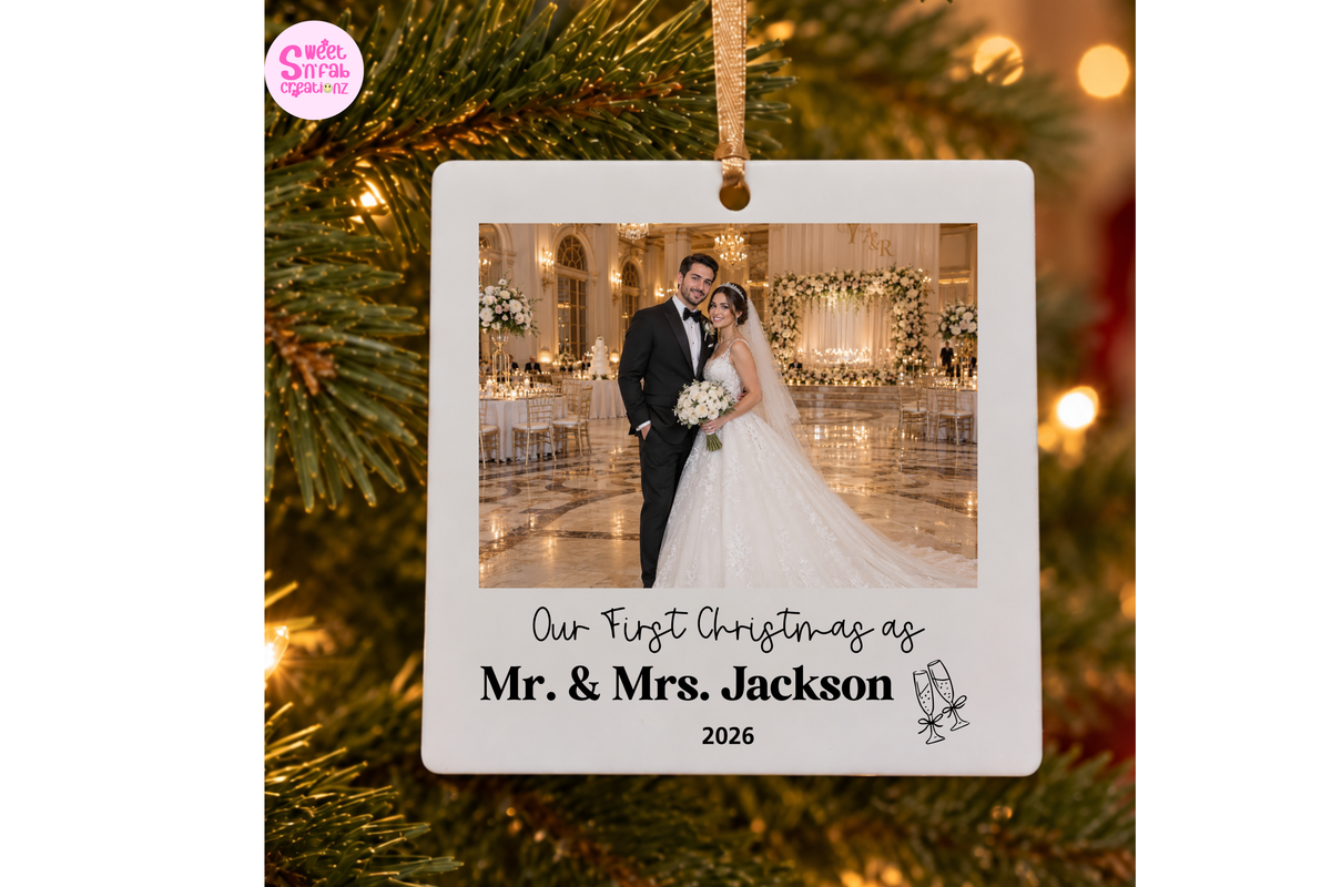 Personalized First Christmas Married Ornament – Custom Wedding Photo, Couple's Last Name & Mr. and Mrs. Keepsake