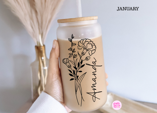 Personalized Birth Month Flower Glass Can