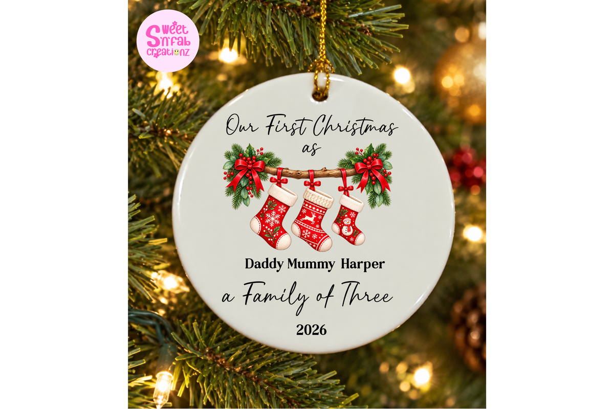 Personalized First Christmas as a Family of 3 Stocking Ornament