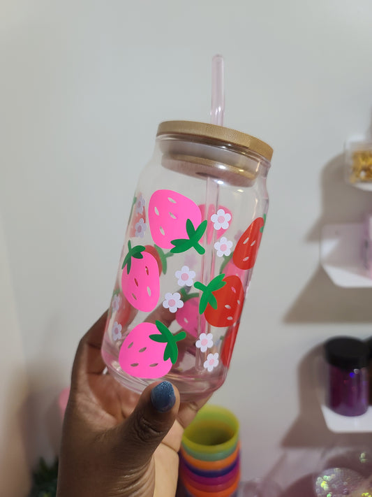 Red/Pink Strawberry Blossoms 16 oz Glass Cup