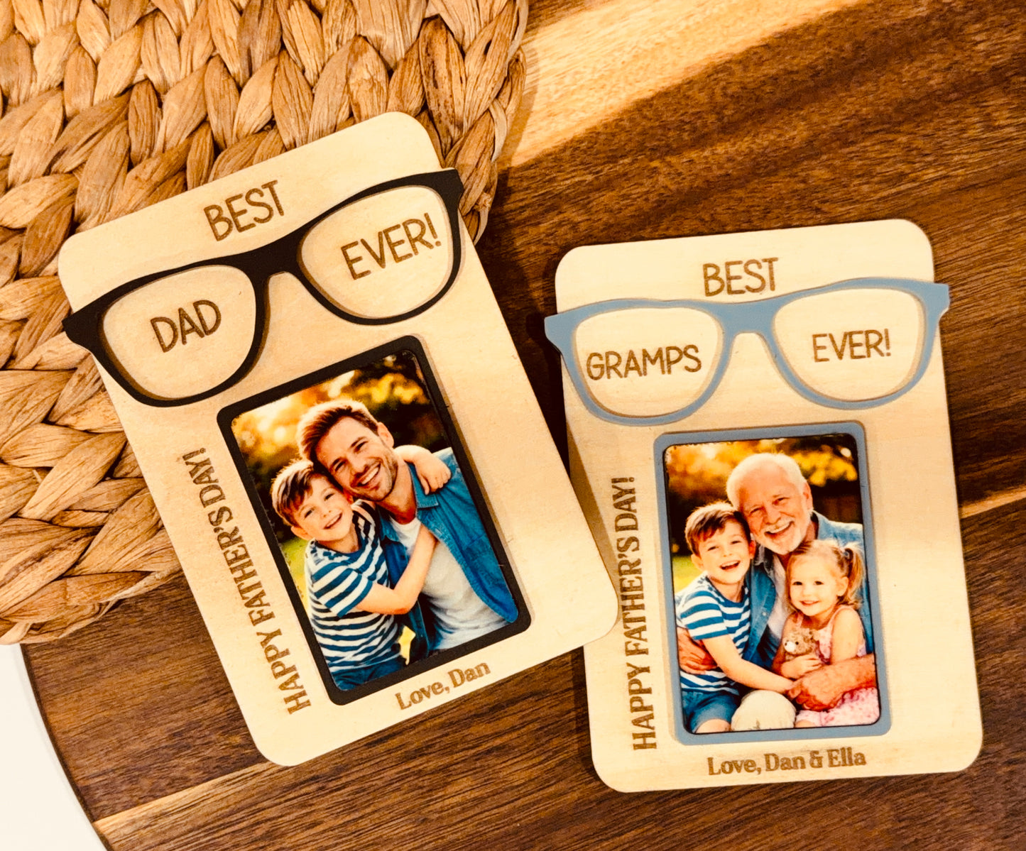 Personalized Best Dad Ever Photo Fridge Magnet with Custom Glasses Color | Wooden Father’s Day Gift for Dad & Grandpa