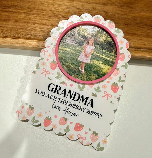 Personalized Strawberry Garden Photo Fridge Magnet | Scalloped Acrylic Keepsake