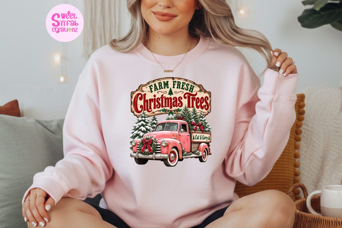 Farm Fresh Christmas Trees Sweatshirt | Vintage Pink Truck Holiday Graphic Crewneck