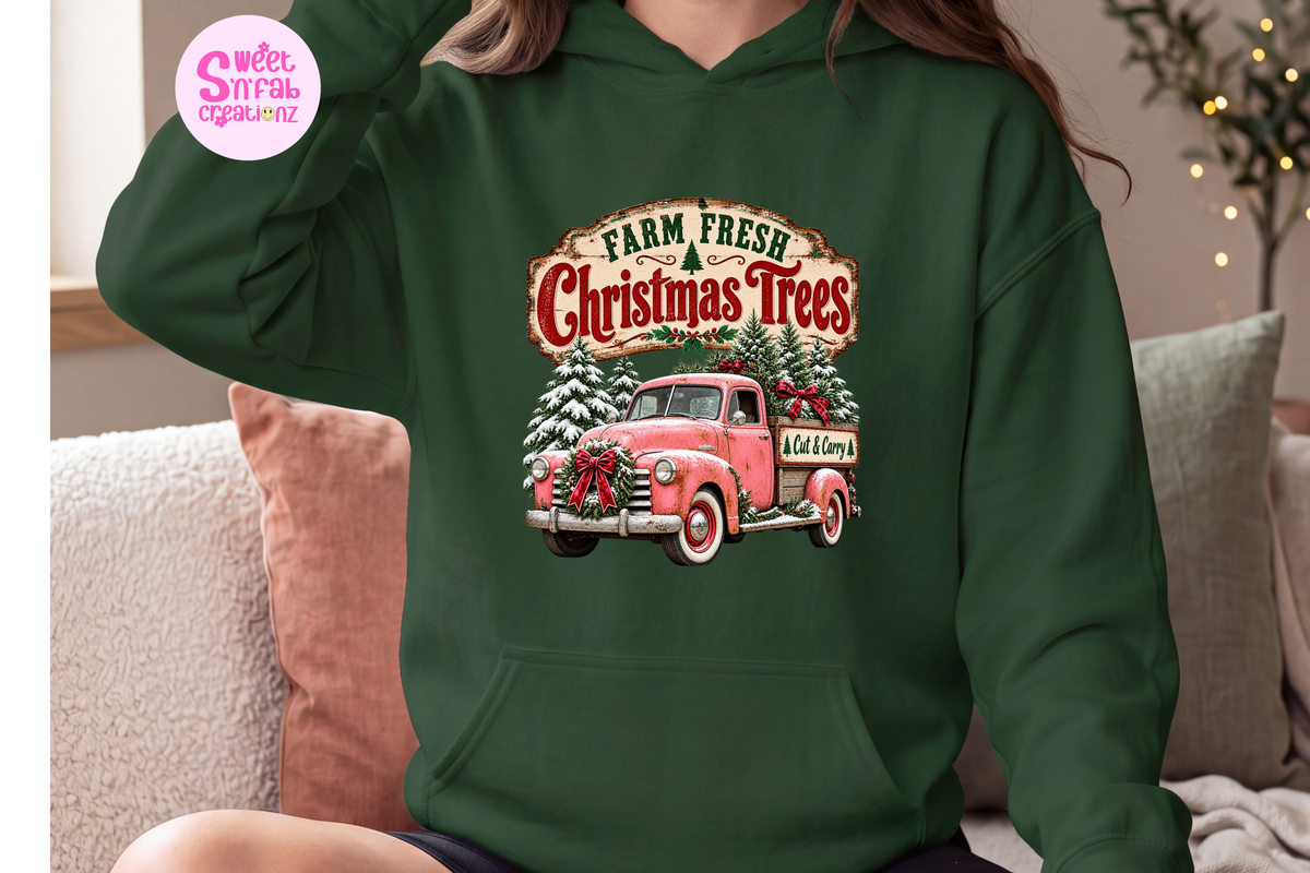 Farm Fresh Christmas Trees Hoodie | Vintage Pink Truck Holiday Graphic Pullover