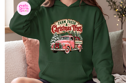 Farm Fresh Christmas Trees Hoodie | Vintage Pink Truck Holiday Graphic Pullover