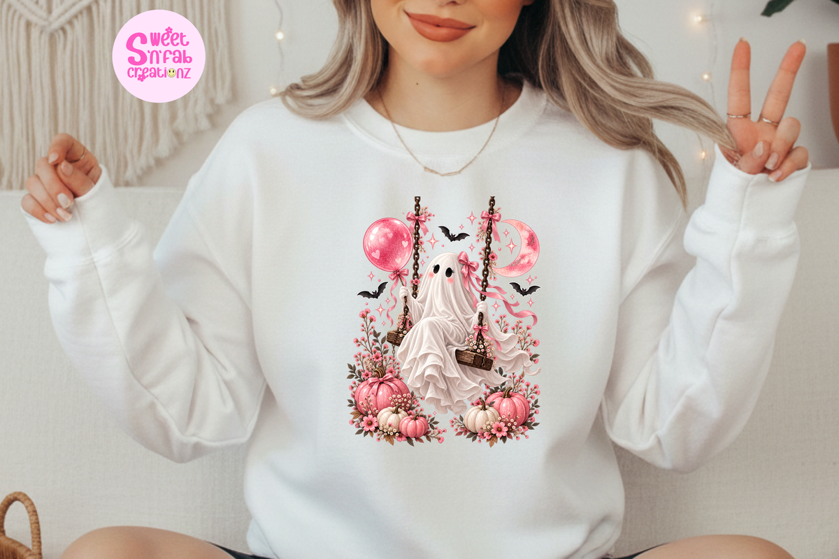 Cute Floral Ghost Swing Sweatshirt | Girly Halloween Pumpkin Graphic Sweatshirt