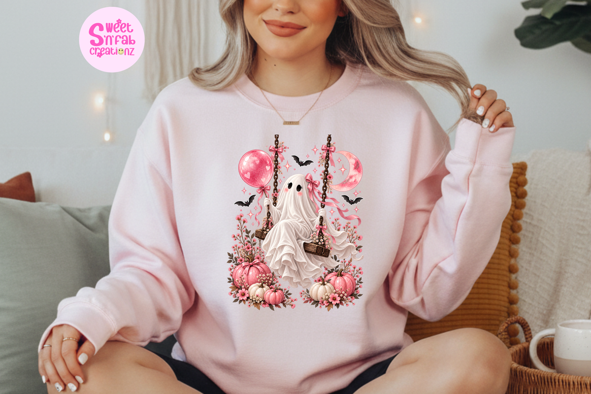 Cute Floral Ghost Swing Sweatshirt | Girly Halloween Pumpkin Graphic Sweatshirt