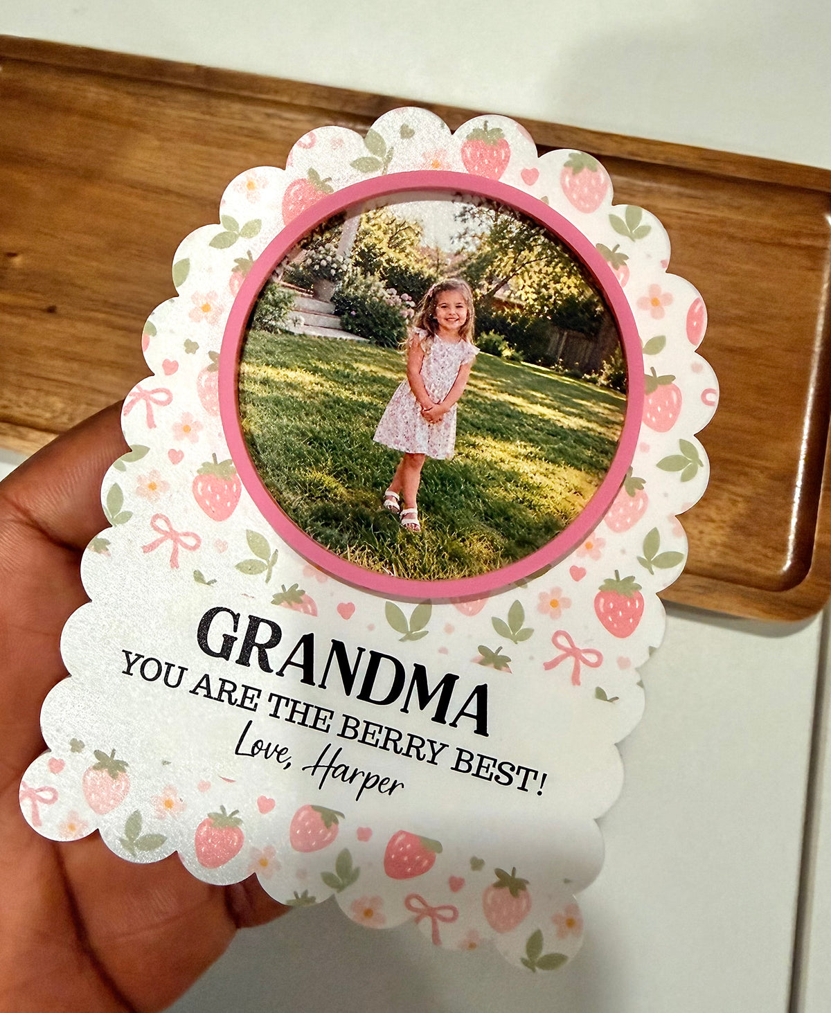 Personalized Strawberry Garden Photo Fridge Magnet | Scalloped Acrylic Keepsake