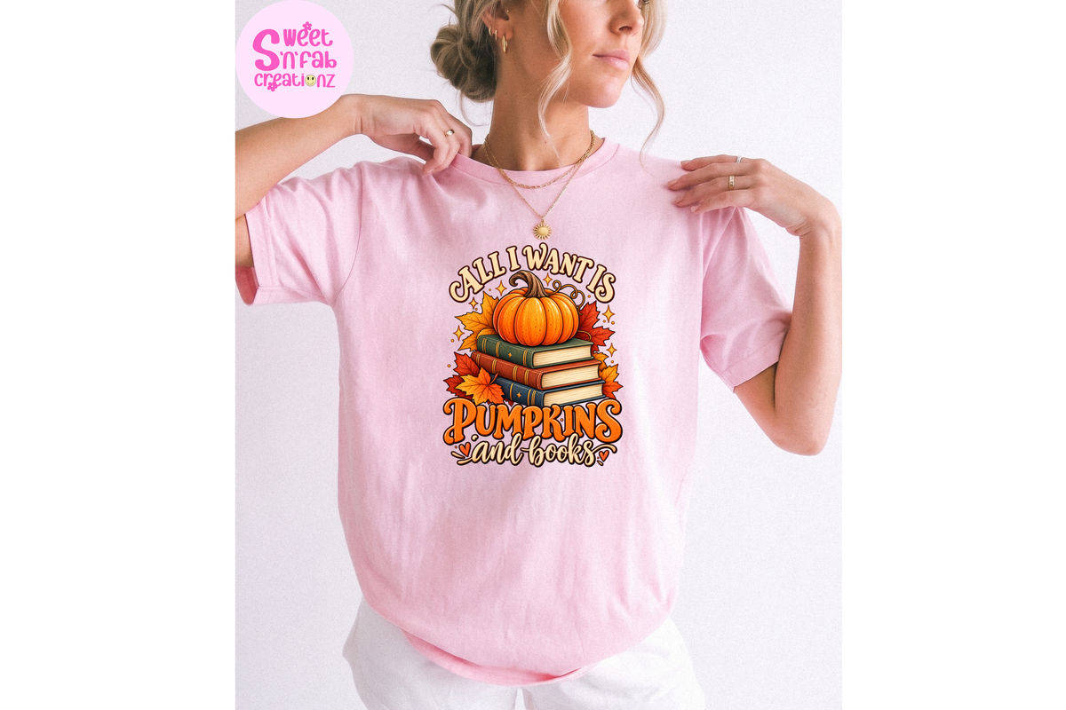 All I Want Is Pumpkins and Books T-Shirt | Cozy Fall Book Lover Graphic Tee