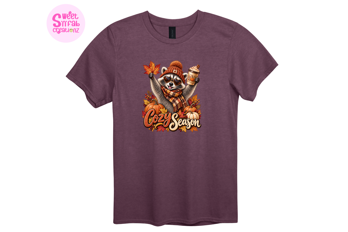 Cozy Season Raccoon T-Shirt | Cute Fall Pumpkin Spice Graphic Tee