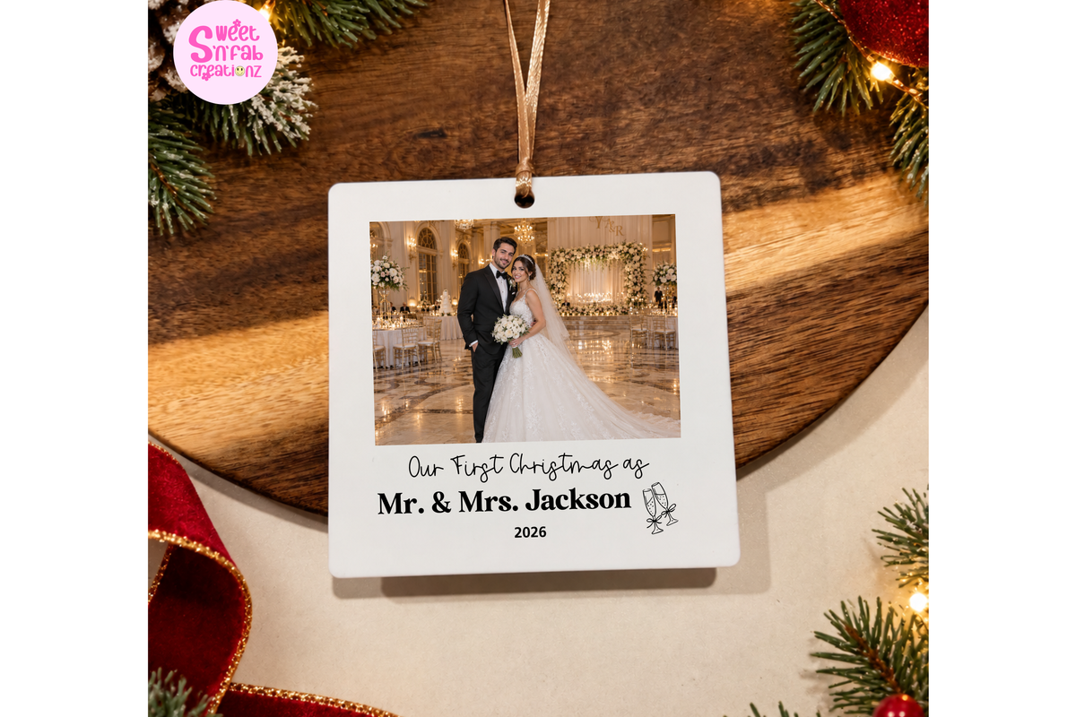 Personalized First Christmas Married Ornament – Custom Wedding Photo, Couple's Last Name & Mr. and Mrs. Keepsake