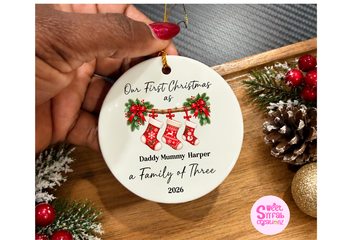 Personalized First Christmas as a Family of 3 Stocking Ornament