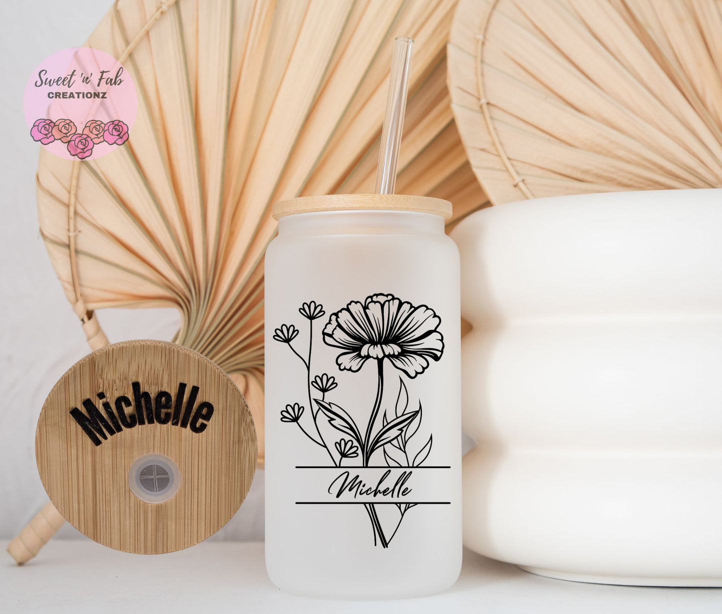 Personalized Birth Month Flower Iced Coffee Cup 16oz | Custom Engraved Lid