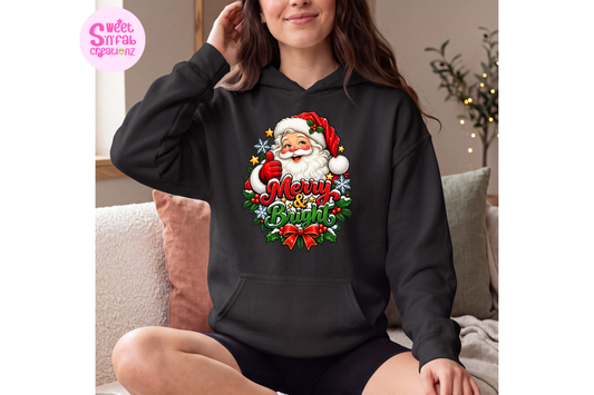 Merry & Bright Santa Christmas Hoodie | Festive Holiday Graphic Pullover