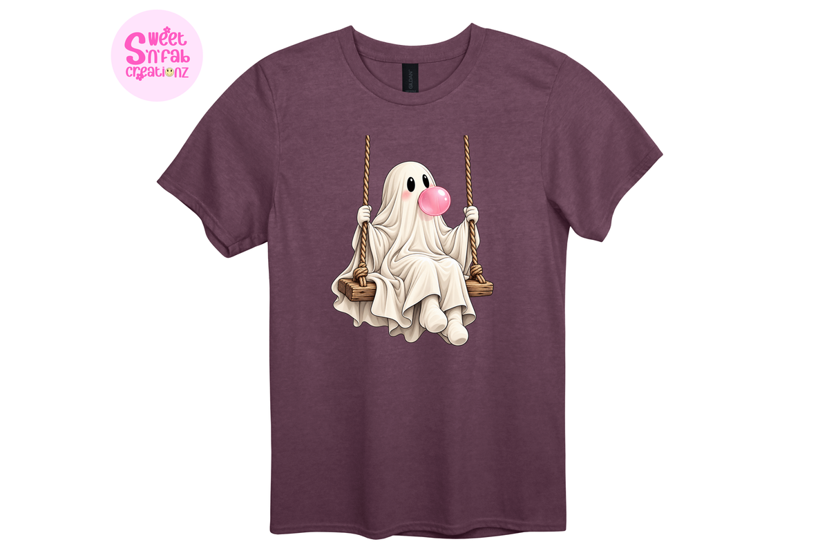 Cute Bubblegum Ghost on Swing T-Shirt | Girly Halloween Graphic Tee