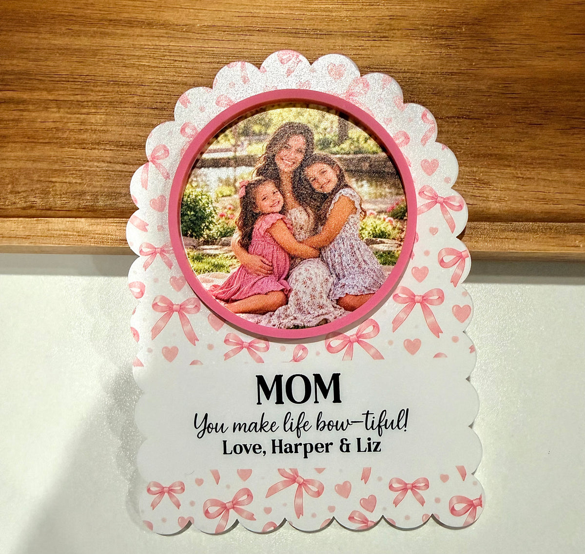 Personalized Pink Bow & Heart Photo Fridge Magnet | Scalloped Acrylic Keepsake