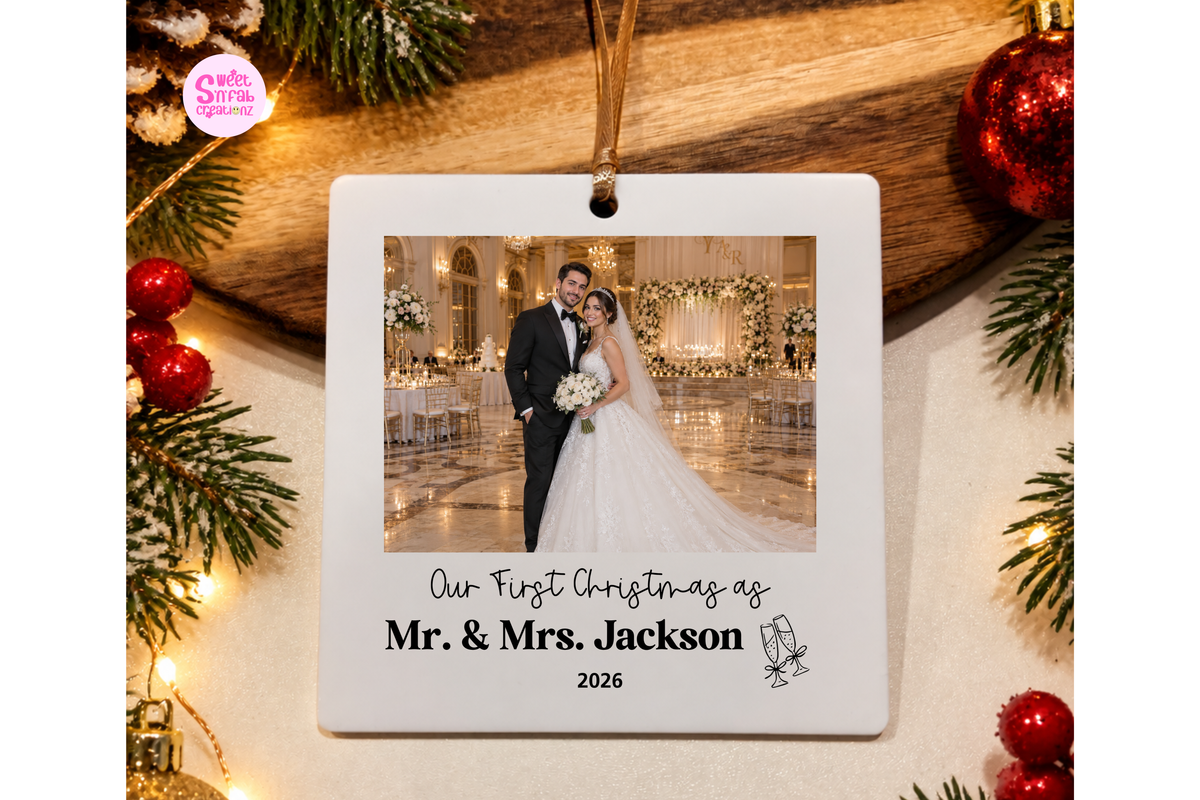 Personalized First Christmas Married Ornament – Custom Wedding Photo, Couple's Last Name & Mr. and Mrs. Keepsake