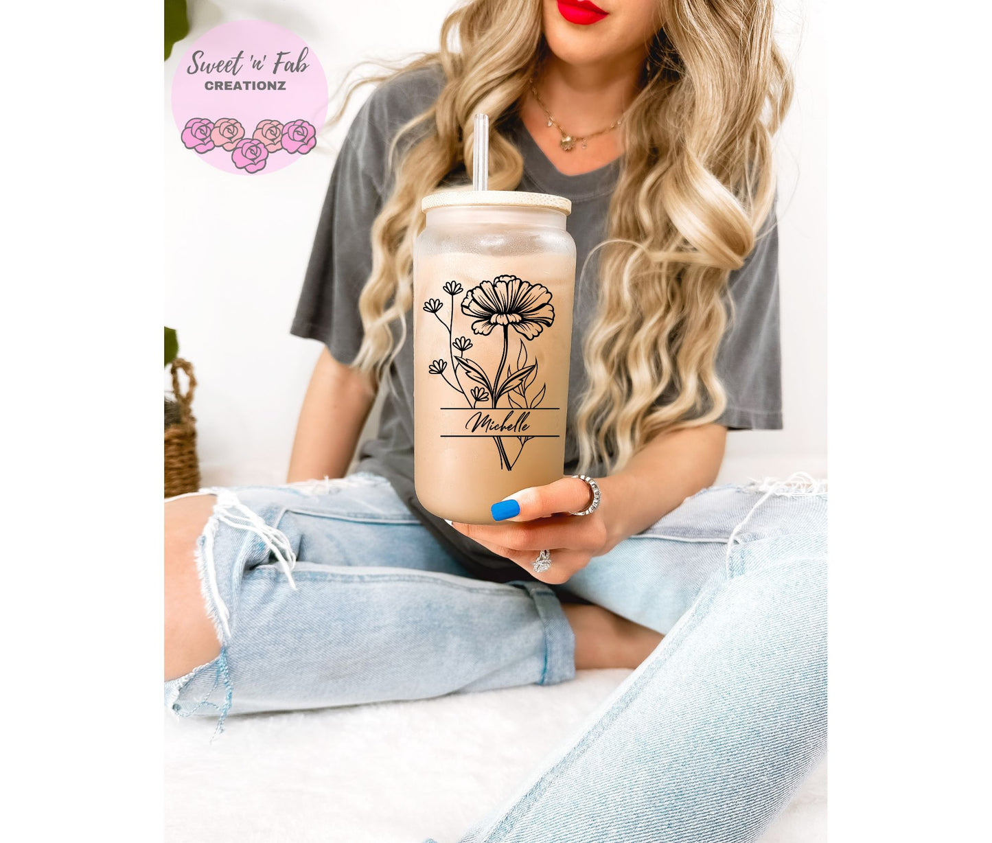 Personalized Birth Month Flower Iced Coffee Cup 16oz | Custom Engraved Lid