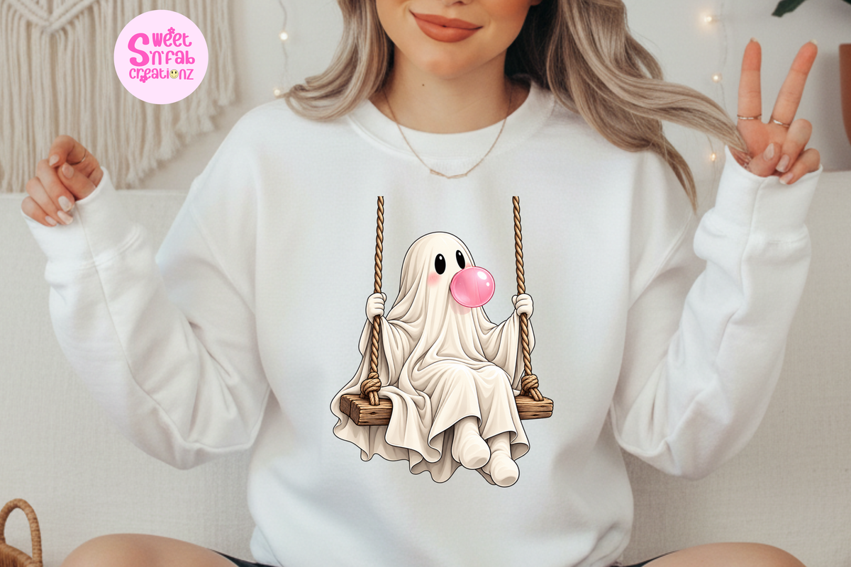 Cute Bubblegum Ghost on Swing Sweatshirt | Girly Halloween Graphic Sweatshirt
