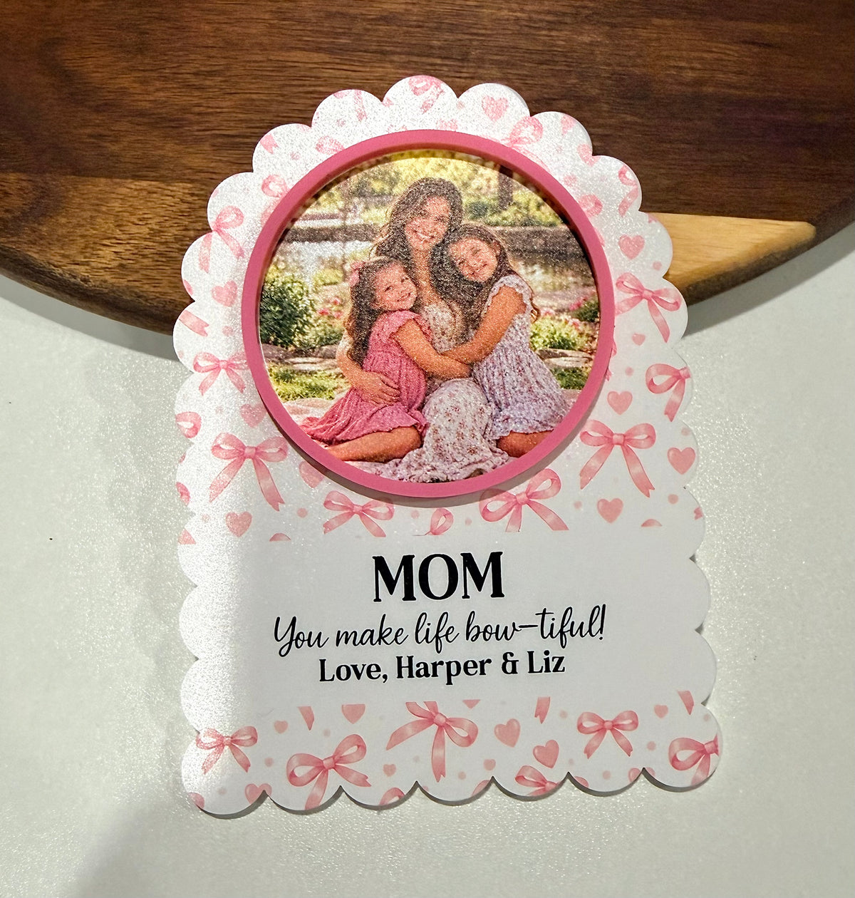 Personalized Pink Bow & Heart Photo Fridge Magnet | Scalloped Acrylic Keepsake