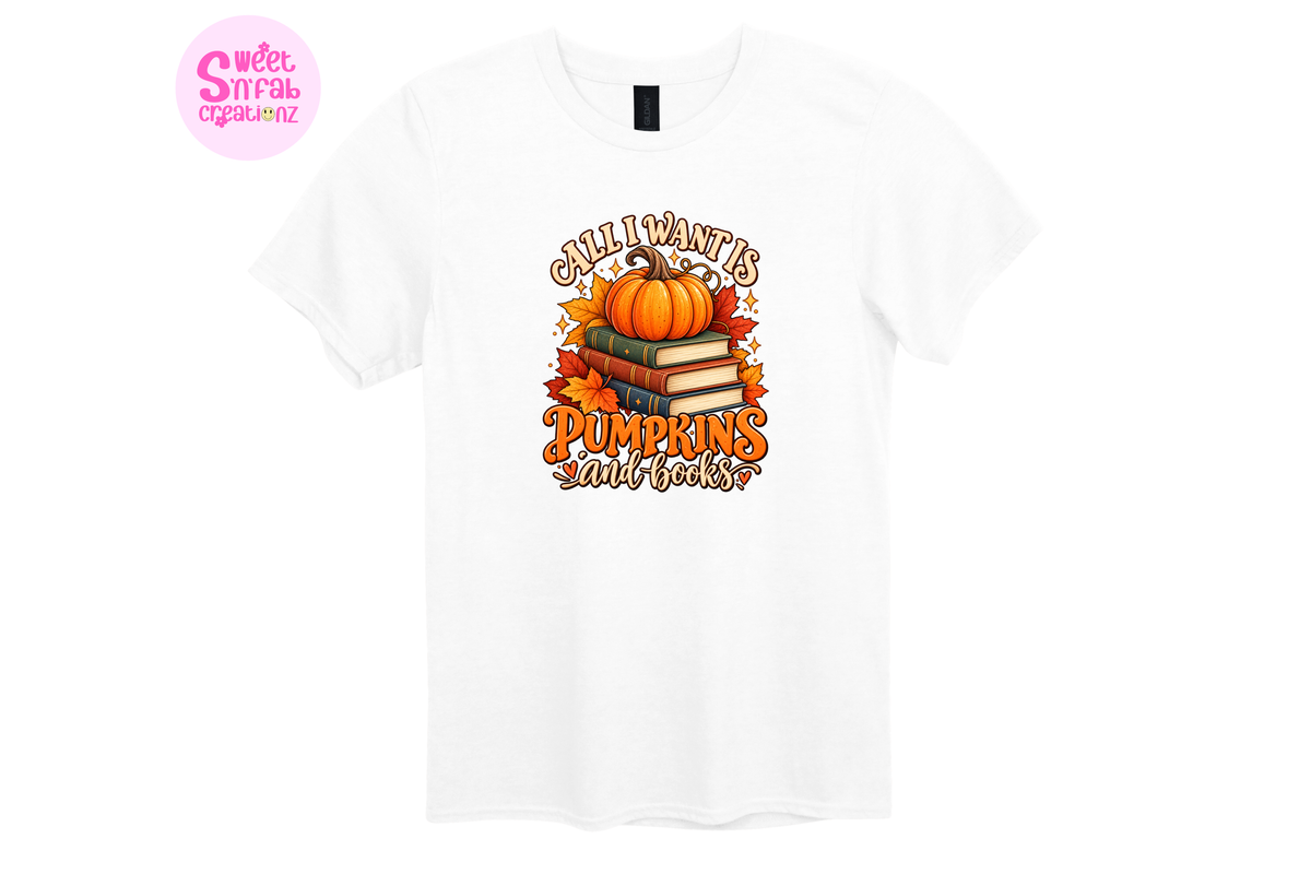 All I Want Is Pumpkins and Books T-Shirt | Cozy Fall Book Lover Graphic Tee