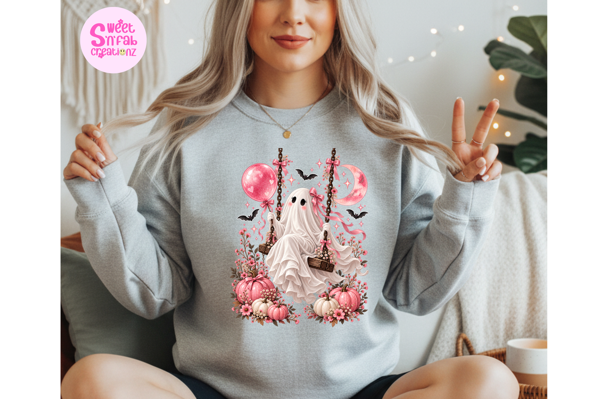 Cute Floral Ghost Swing Sweatshirt | Girly Halloween Pumpkin Graphic Sweatshirt