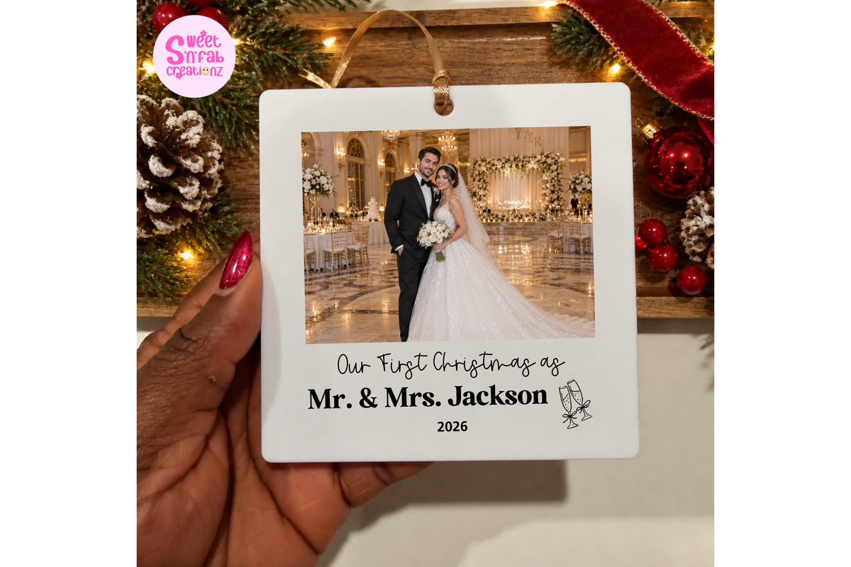 Personalized First Christmas Married Ornament – Custom Wedding Photo, Couple's Last Name & Mr. and Mrs. Keepsake
