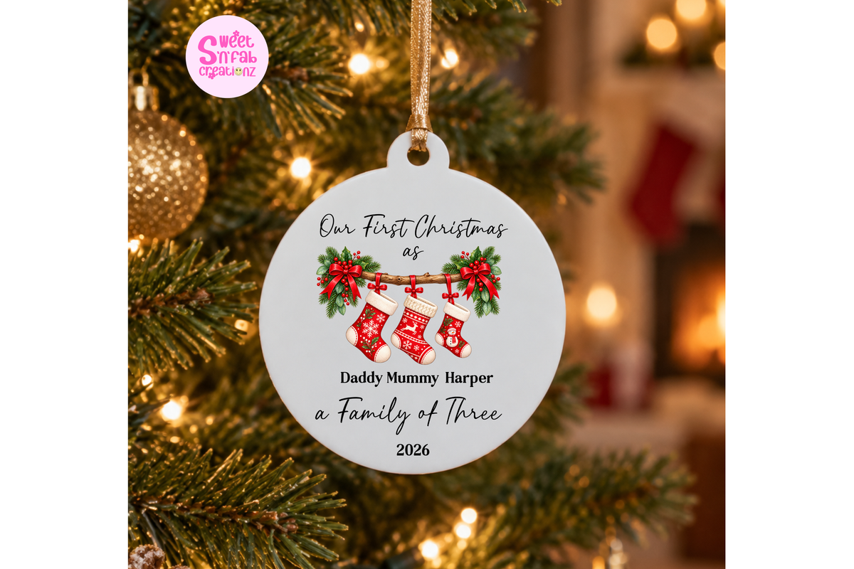 Personalized First Christmas as a Family of 3 Stocking Ornament