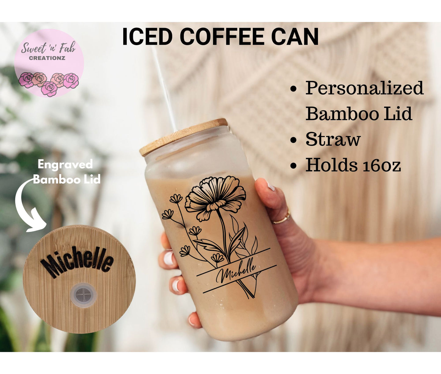 Personalized Birth Month Flower Iced Coffee Cup 16oz | Custom Engraved Lid