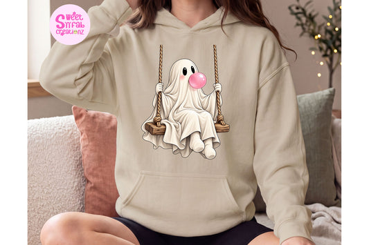 Cute Bubblegum Ghost on Swing Hoodie | Girly Halloween Graphic Hoodie