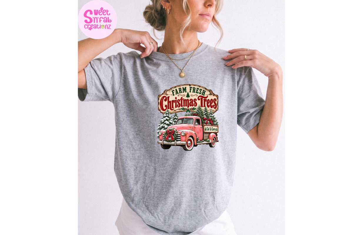 Farm Fresh Christmas Trees T-Shirt | Vintage Pink Truck Holiday Graphic Tee