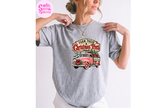 Farm Fresh Christmas Trees T-Shirt | Vintage Pink Truck Holiday Graphic Tee