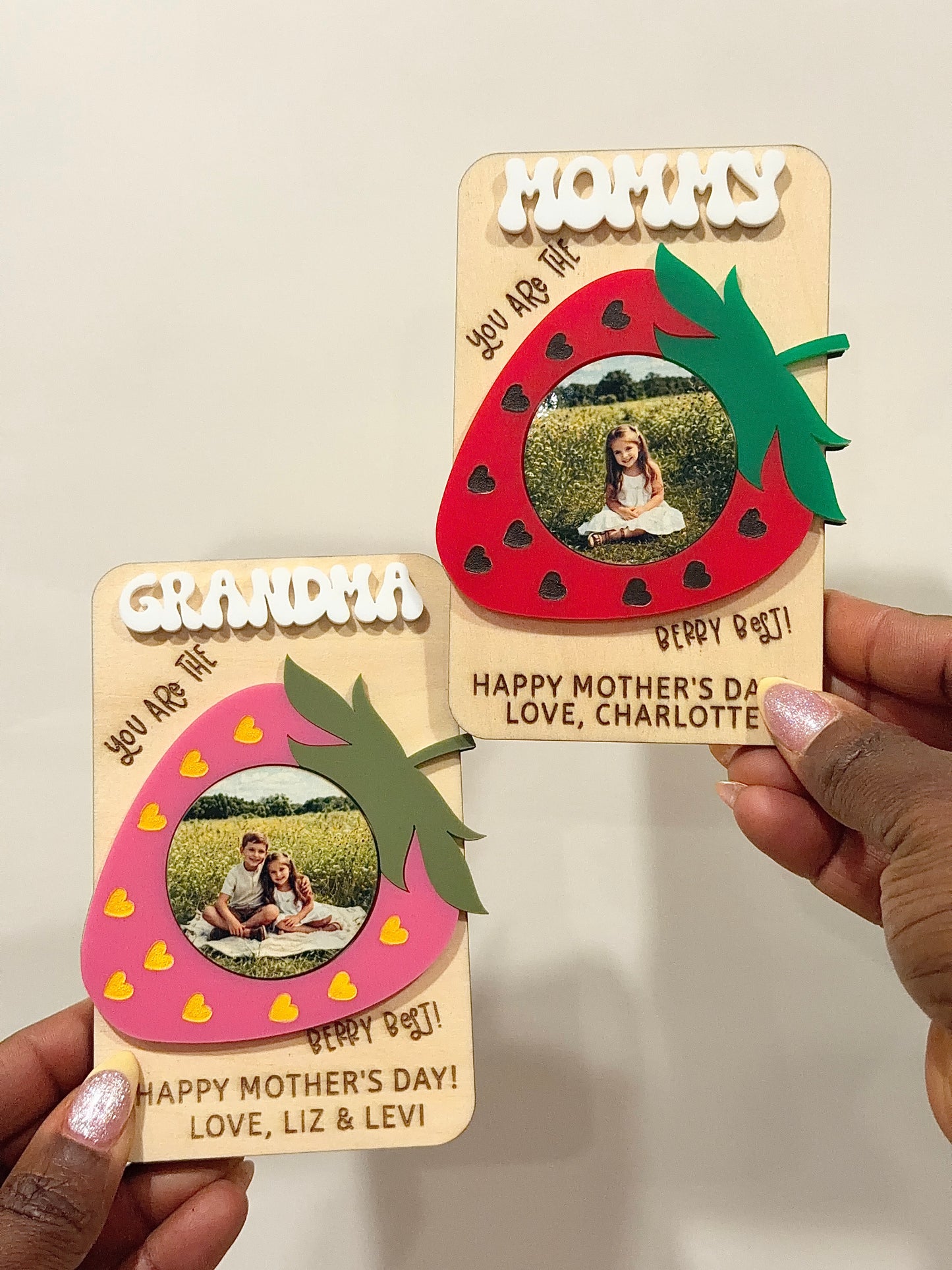Personalized Strawberry Photo Magnet 🍓  Handmade 3D Wood Keepsake for Mom, Grandma & Nana Grandma Gift