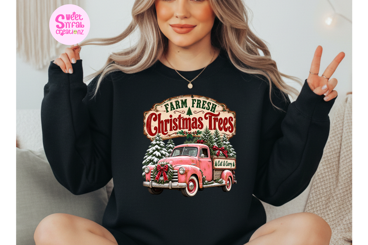 Farm Fresh Christmas Trees Sweatshirt | Vintage Pink Truck Holiday Graphic Crewneck