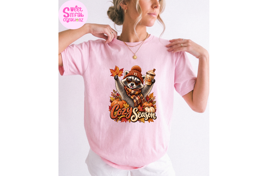 Cozy Season Raccoon T-Shirt | Cute Fall Pumpkin Spice Graphic Tee