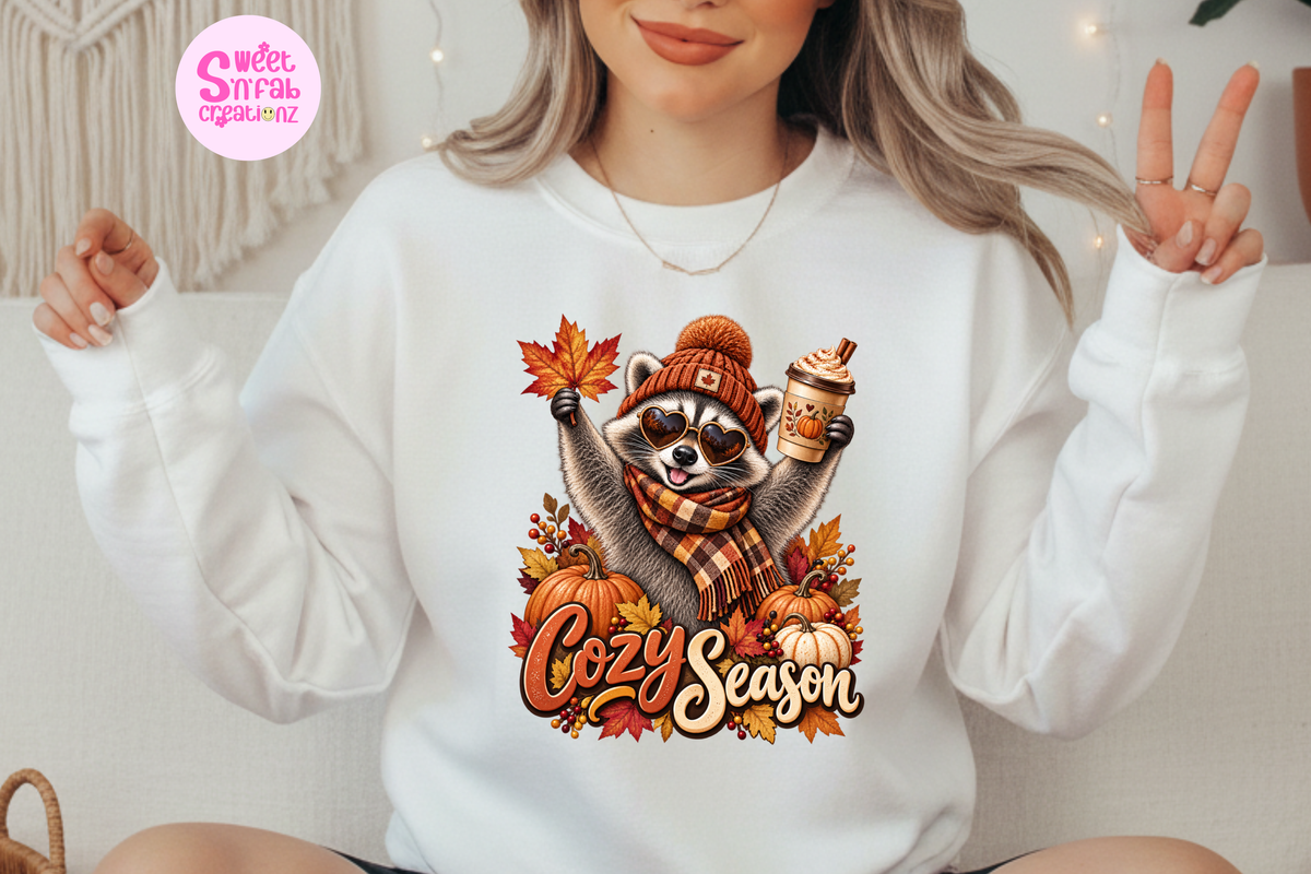 Cozy Season Raccoon Sweatshirt | Cute Fall Pumpkin Spice Graphic Sweatshirt