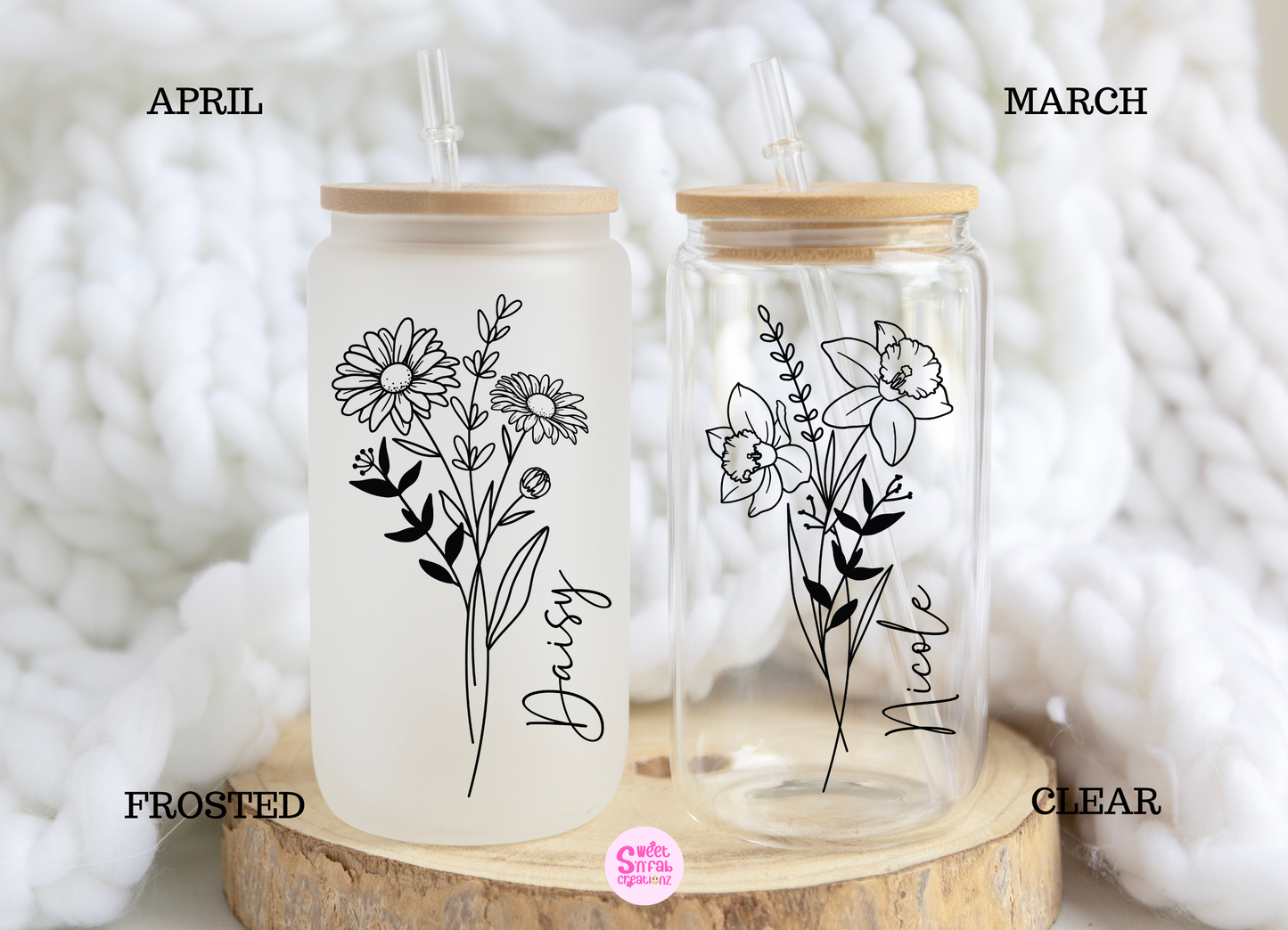 Personalized Birth Month Flower Glass Can