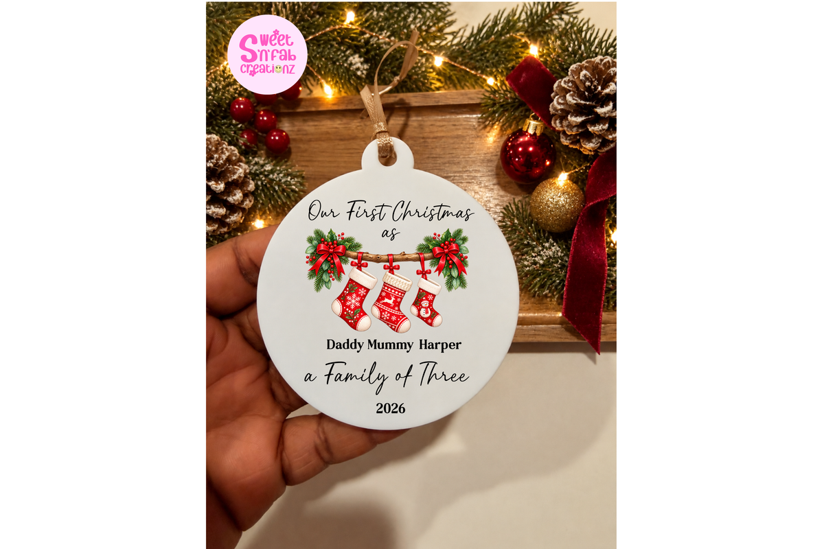 Personalized First Christmas as a Family of 3 Stocking Ornament