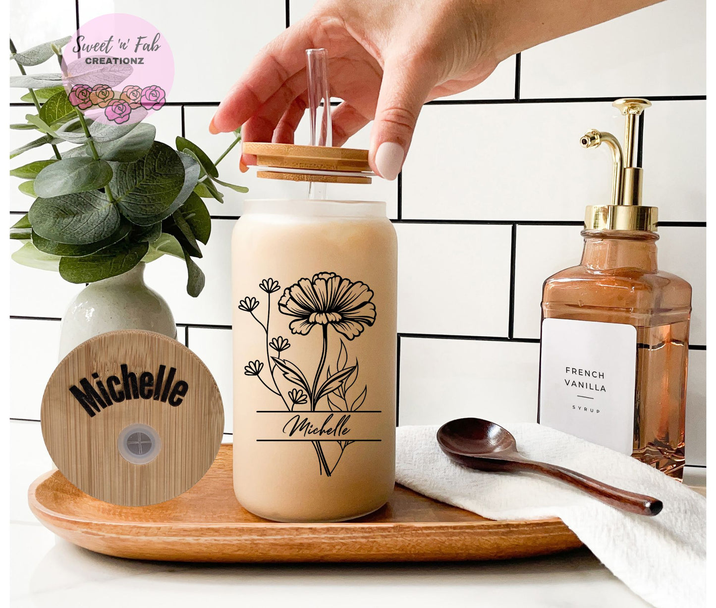 Personalized Birth Month Flower Iced Coffee Cup 16oz | Custom Engraved Lid