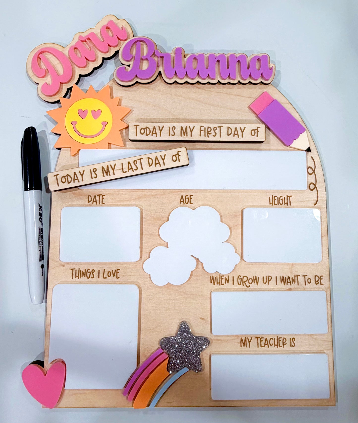 Personalized First Day of School Sign, Smiley Sun Pencil Milestone Board, Custom Name First & Last Day School Photo Prop, Maple Sign